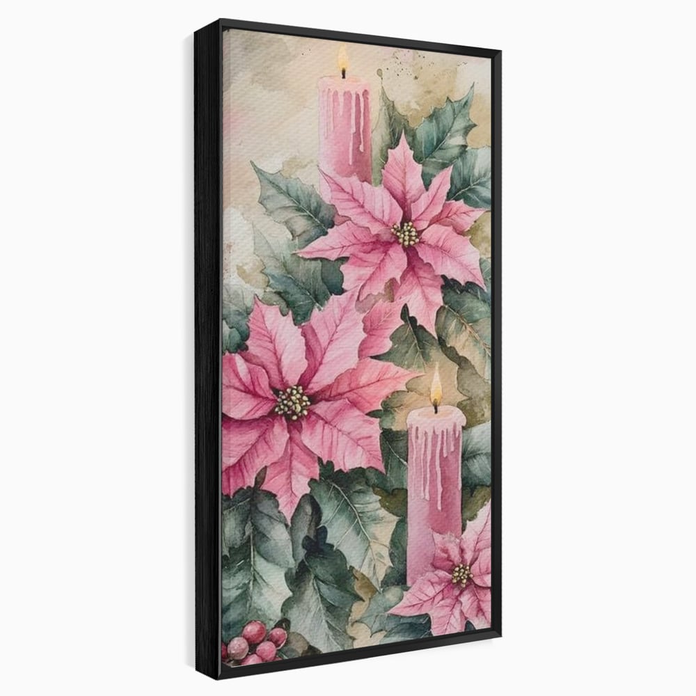 Tablou canvas cu tablou cu lumanari si flori poinsettia, in rama de aluminiu negru